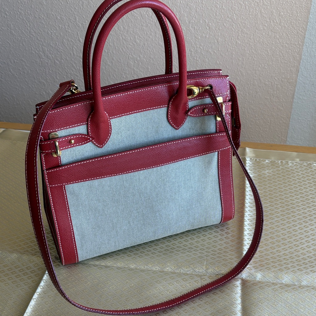 Made In Italy Red Leather And Canvas Combination Solid Structure Satchel Purse